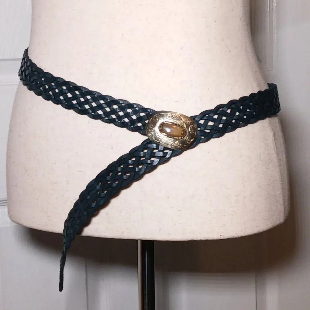 Boho Style Versatile Belt with Unique Buckle Hook Closure Dark Blue/Green Color